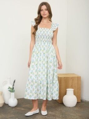 Floral Tile Pattern Smocked Sleeveless Midi Dress